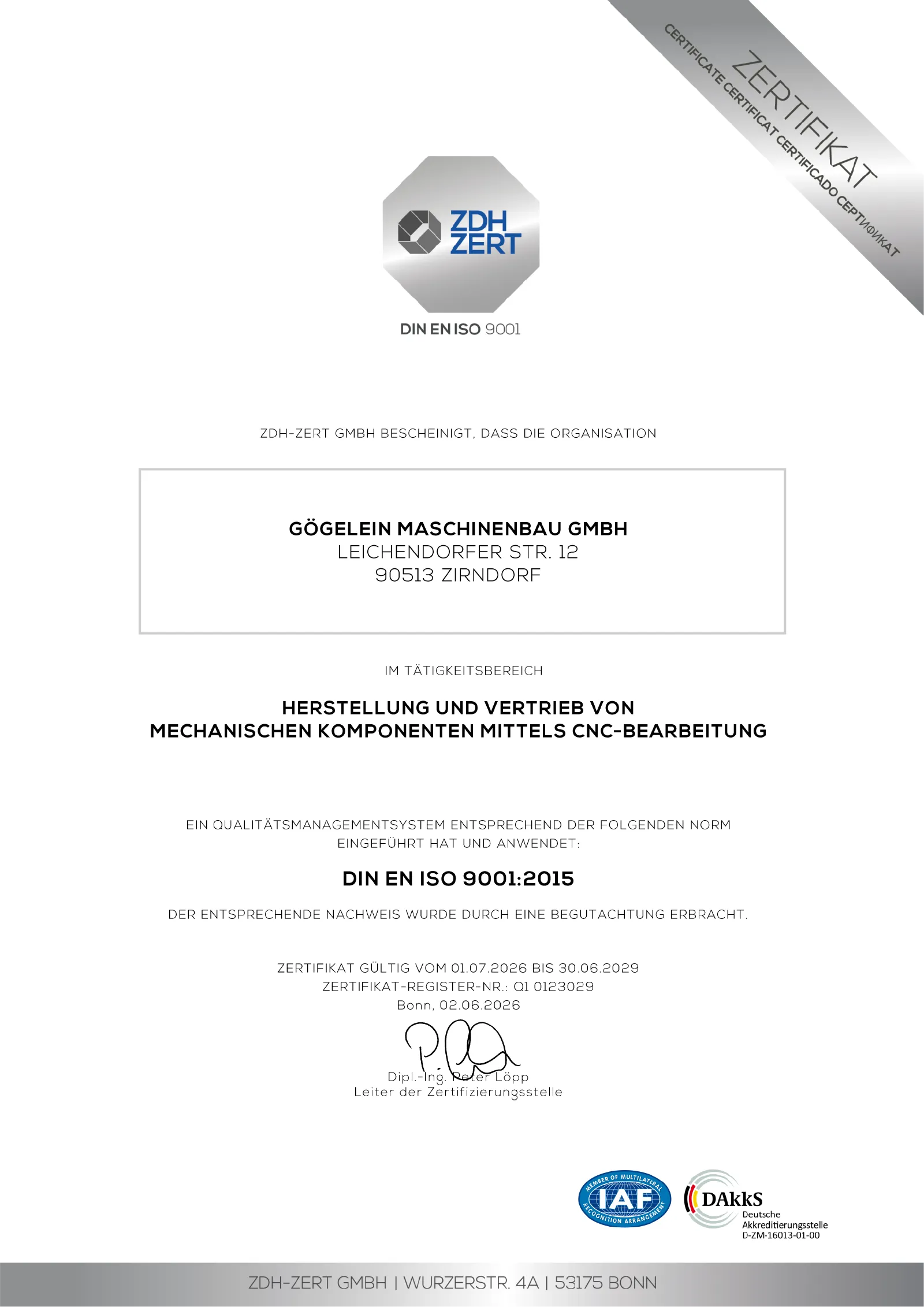 Aktuelles Zertifikat DIN EN ISO 9001:2015